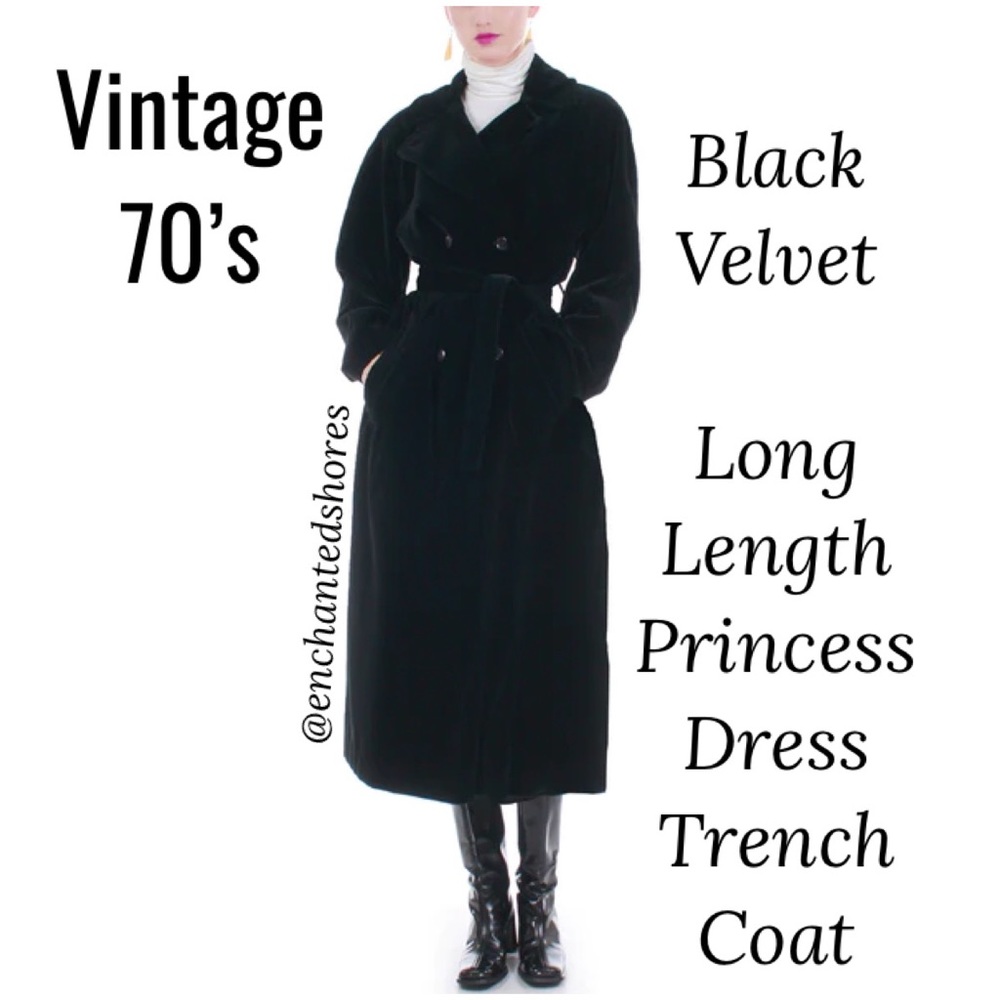 French Princess Trench Coat Vintage Luxury Black Velvet Long Dress Size Small